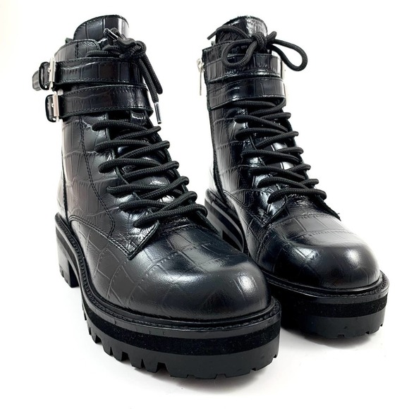 NWOT MARC FISHER black platform crocodile leather combat boots - Picture 3 of 11